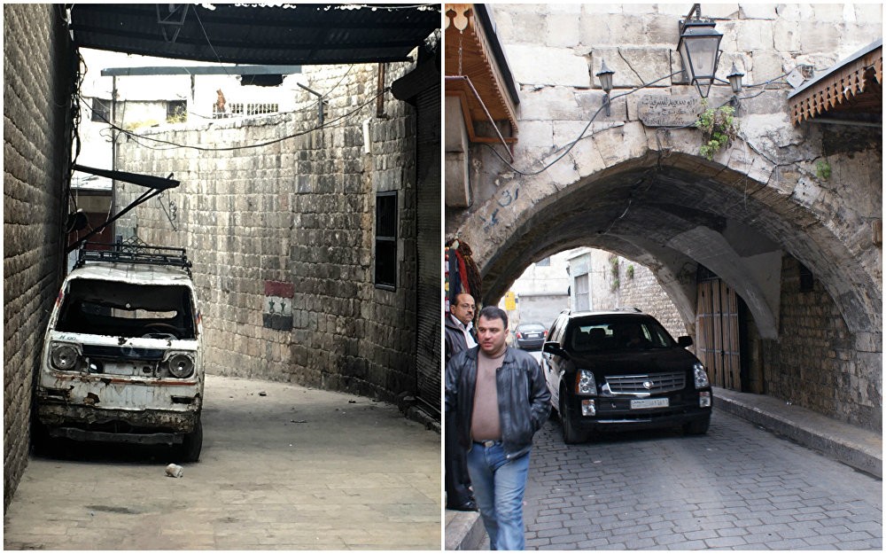 Khu dân cư Al-Jdeideh ở thành cổ Aleppo hồi tháng 12/2009 (trái) và hình ảnh Thành cổ ở Aleppo mới nhất trong tấm ảnh chụp tháng 2/2016. Ảnh Sputnik